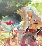  1girl abs armor bad_id bad_pixiv_id bare_shoulders blue_eyes blue_hair blush breasts cleavage closed_eyes dress forest hair_ribbon hyakuhachi_(over3) long_hair nature noel_(saga) ribbon rocbouquet_(saga) romancing_saga romancing_saga_2 saga short_hair silver_hair sitting small_breasts wariza 
