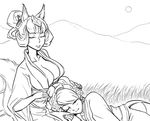  animal_ears bb_(baalbuddy) blush breasts cleavage closed_eyes field flower fox_ears full_moon greyscale hair_flower hair_ornament hair_rings hair_up hand_in_hair japanese_clothes kimono kongiku lap_pillow large_breasts leaf leaf_on_head lineart momohime monochrome moon multiple_girls night night_sky obi oboro_muramasa sash side_slit sky sleeping 