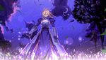  armor armored_dress artoria_pendragon_(all) blonde_hair blue_eyes dress excalibur fate/stay_night fate_(series) faulds flower gauntlets hair_down hair_ribbon hand_on_hilt hullabaloo long_hair messy_hair purple ribbon saber solo 