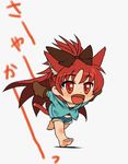  animal_ears barefoot bow carrying_clothes cat_ears cat_tail chibi commentary_request fang full_body hair_bow kemonomimi_mode long_hair mahou_shoujo_madoka_magica navel open_mouth ponytail red_eyes red_hair running sakura_kyouko shinanoya_(satanicad) shorts simple_background solo tail very_long_hair 
