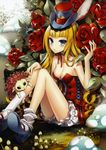  absurdres alice_(lord_of_vermilion) bare_shoulders blonde_hair bloomers blue_eyes breasts cleavage cropped dew_drop fingernails flower hat hedgehog high_heels highres knees_touching legs long_hair long_legs looking_at_viewer lord_of_vermilion medium_breasts mushroom nardack parted_lips rose shoes sitting solo underwear water_drop 