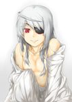  ahoge bad_id bad_pixiv_id bare_shoulders censored eyepatch flat_chest hair_censor hair_over_breasts highres infinite_stratos laura_bodewig long_hair nipple_censor no_bra off_shoulder red_eyes sensei_(hitagi3594) silver_hair smile solo 