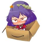  amazon_(company) angry bad_id bad_pixiv_id blush box cardboard_box chibi embarrassed face in_box in_container purple_hair red_eyes solo space_jin touhou yasaka_kanako 