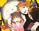  2boys ;d animal_ears bear bear_ears brown_eyes brown_hair closed_eyes doujima_nanako hanamura_yousuke headphones headphones_around_neck jacket kuma_(persona_4) looking_at_viewer multiple_boys oekaki one_eye_closed open_mouth persona persona_4 school_uniform short_twintails smile sweater sweater_vest turtleneck twintails v v-neck webura zipper 