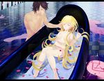  1girl araragi_koyomi bad_id bad_pixiv_id barefoot bath bathing bathtub black_hair blonde_hair checkered checkered_floor closed_eyes legs letterboxed long_hair long_legs mixed_bathing monogatari_(series) nisemonogatari nude oshino_shinobu petals short_hair sleeping-pig slipper_bathtub translated very_long_hair water 