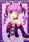  ;d akamomo bad_id bad_pixiv_id choker detached_sleeves dress drill_hair hand_on_own_chest one_eye_closed open_mouth purple purple_background purple_choker purple_eyes purple_hair ribbon_choker smile solo sophie_(tales) tales_of_(series) tales_of_graces twin_drills twintails 