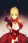  aestus_estus ahoge bad_id bad_pixiv_id blonde_hair breasts cleavage dress epaulettes fate/extra fate_(series) green_eyes hair_ribbon km_(kyoma0) medium_breasts nero_claudius_(fate) nero_claudius_(fate)_(all) petals ribbon solo sword weapon 