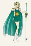  blonde_hair boots cape epaulettes full_body gloves green_eyes green_skirt hairband head_wings highres hououji_fuu juliettefwong knee_boots long_legs magic_knight_rayearth no_eyewear pleated_skirt skirt solo sword weapon white_background 