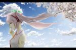  cherry_blossoms cloud day hatsune_miku headphones letterboxed long_hair object_namesake petals pink_hair sakura_miku sky solo vocaloid yache 