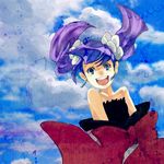 :d bad_id bad_pixiv_id day earrings floating_hair fractale jewelry nessa open_mouth purple_hair rimatazumi sky smile solo 