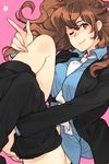  between_breasts breasts brown_eyes brown_hair long_hair lupin_iii mine_fujiko necktie one_eye_closed pants_down solo toujou_sakana 