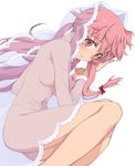  blush bow breasts bridal_veil feet_out_of_frame fetal_position gasai_yuno hair_bow lace legs legs_folded light_smile long_hair looking_at_viewer lying mirai_nikki naked_veil nude on_side pink_eyes pink_hair saipaco see-through sideboob simple_background small_breasts solo veil white_background 