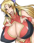  1girl blonde_hair breasts chinese_clothes curvy erect_nipples female galaxy_angel gigantic_breasts hair_ornament long_hair otogi_tetsurou ranpha_franboise simple_background solo standing upper_body white_background yellow_eyes 