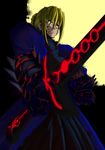  armor armored_dress artoria_pendragon_(all) blonde_hair braid corruption dark_excalibur do-poi dress fate/stay_night fate/unlimited_codes fate_(series) french_braid gauntlets highres neon_trim saber_alter short_hair solo sword weapon yellow_eyes 
