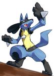  background fangs good_frog hand lucario nintendo no_humans open_mouth paws plain_background pok&#233;mon pokemon pose reaching red_eyes simple simple_background solo spikes teeth video_games white_background 