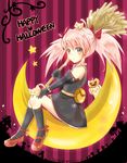  akamomo artist_name bad_id bad_pixiv_id blue_eyes broom cat crescent dated elbow_gloves gloves halloween happy_halloween holding pink_hair presea_combatir sitting solo star striped striped_background tales_of_(series) tales_of_symphonia twintails vertical-striped_background vertical_stripes 