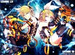  1girl artist_name bare_shoulders blonde_hair blue_eyes brother_and_sister chainsaw character_name dated detached_sleeves headset holding kagamine_len kagamine_rin kei-suwabe siblings smile twins vocaloid 