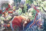  apple backpack bad_id bad_tinami_id bag blonde_hair blue_hair book boots bow chibi cross-laced_footwear flower food frills frog_hair_ornament fruit fruit_punch green_eyes green_hair hair_bobbles hair_bow hair_ornament hair_ribbon hands_clasped hat kagiyama_hina kawashiro_nitori kochiya_sanae lace-up_boots leaf long_hair looking_at_viewer lying mirror moriya_suwako multiple_girls on_stomach own_hands_together purple_hair red_flower red_rose ribbon rope rose shimenawa short_hair sitting skirt skirt_set snake swing touhou yasaka_kanako 