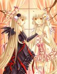  bare_shoulders blonde_hair brown_eyes cherry_blossoms chii chobits dress elbow_gloves elise_trinh flower freya_(chobits) frilled_dress frills gloves long_hair multiple_girls petals very_long_hair window wings yellow_eyes 