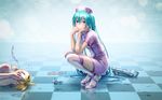  1girl aqua_hair blonde_hair blurry blush bokeh buttons checkered checkered_floor chin_rest covering_face crying depth_of_field dress ear_blush feet fingernails floor full-face_blush garters gloves gloves_removed hands_on_own_face hat hatsune_miku high_heels highres humiliation kagamine_len light_smile long_hair looking_at_viewer lying nail_polish nurse nurse_cap on_floor on_side red_cross rubber_gloves ruined_for_marriage sandals shoes short_dress single_glove smile smirk solo_focus speculum squatting syringe thighhighs toenail_polish toes twintails very_long_hair vocaloid wallpaper water water_drop white_legwear wokada 