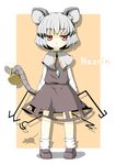  animal_ears basket character_name child dowsing_rod gem grey_hair hecchi_(blanch) jewelry jitome loafers mouse mouse_ears mouse_tail nazrin necklace pendant pink_eyes shadow shirt shoes short_hair silver_hair skirt skirt_set socks solo standing tail tail_hold touhou vest white_legwear 