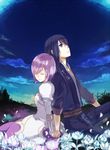  1girl blue_eyes blue_hair closed_eyes cloud dress estellise_sidos_heurassein flower gloves holding_hands long_hair looking_up petals shinono sitting sky star_(sky) starry_sky tales_of_(series) tales_of_vesperia yuri_lowell 