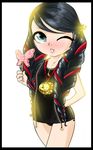  bad_deviantart_id bad_id bayonetta black_hair blossomppg blue_eyes border braid candy cereza child food hair_ribbon hand_on_hip holding lips lollipop long_hair medallion one-piece_swimsuit one_eye_closed parted_lips ribbon ribbon_braid solo swimsuit twin_braids 