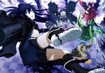  arm_cannon black_gold_saw black_hair black_rock_shooter black_rock_shooter_(character) blonde_hair blue_eyes boots chariot_(black_rock_shooter) checkered checkered_floor claws crown dark_skin dead_master dress gradient_hair green_eyes green_hair hood horns ken_(fkenorat) king_saw multicolored_hair multiple_arms multiple_girls orange_eyes pale_skin red_eyes red_hair scythe shield smile star strength_(black_rock_shooter) sword weapon white_hair wings yellow_eyes 