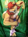  amazing attack bamboo blue_eyes braids canine clothed clothing foreshortening hair loincloth looking_at_viewer male mammal polearm red_hair red_wolf running scappo skimpy solo spear staff tribal warrior weapon wolf wolf_nanaki 