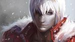  artist_name banned_artist blue_eyes dante_(devil_may_cry) devil_may_cry devil_may_cry_3 highres light_smile male_focus silver_hair snowing solo upper_body yinan_cui 