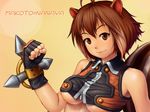  animal_ears antenna_hair blazblue breasts brown_eyes brown_hair character_name clenched_hand fingerless_gloves gloves highres makoto_nanaya medium_breasts short_hair solo squirrel_ears squirrel_tail tail tonfa uepon underboob weapon 