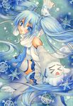  &gt;_&lt; aoi_yuuka_(ao_no_kokoro) blue_eyes blue_hair blush boots closed_eyes colored_pencil_(medium) earmuffs hatsune_miku long_hair marker_(medium) necktie open_mouth pastel_(medium) scarf skirt snowflakes solo thigh_boots thighhighs traditional_media twintails very_long_hair vocaloid white_scarf yuki_miku 