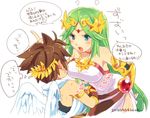  1girl 2012 angel angel_wings blue_eyes blush bouncing_breasts bracer breasts brown_hair choker crown dated ear_blush from_behind frown gauntlets goddess green_hair hirano_kei jewelry kid_icarus kid_icarus_uprising large_breasts long_hair necklace open_mouth palutena pit_(kid_icarus) scolding short_hair translated tunic wings 