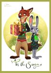  2018 absurd_res anthro canine christmas clothed clothing disney english_text female fox fur hi_res holidays judy_hopps lagomorph male mammal nick_wilde qalcove rabbit simple_background text zootopia 