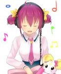  bad_id bad_pixiv_id bow candy_(smile_precure!) closed_eyes creature hair_bow headphones hoshizora_miyuki magister_(medical_whiskey) musical_note nanairogaoka_middle_school_uniform necktie pink_bow pink_neckwear precure school_uniform short_twintails smile_precure! twintails white_background 