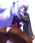  ass back-seamed_legwear big_hair blush bodysuit bow drill_hair fangs fingerless_gloves from_behind gloves highres kyoukaisenjou_no_horizon licking long_hair long_sleeves looking_back nate_mitotsudaira pantyhose seamed_legwear silver_hair slit_pupils solo tongue yamaneko_ken yellow_eyes 