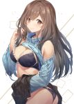  1girl ass bangs black_skirt blue_bra blue_panties blue_sweater blush bra breasts brown_eyes brown_hair cleavage closed_mouth clothes_lift hand_in_hair hips idolmaster idolmaster_shiny_colors large_breasts long_hair long_sleeves looking_at_viewer panties ribbed_sweater shoulder_cutout skirt skirt_lift sola_(solo0730) solo sweater sweater_lift swept_bangs tsukioka_kogane turtleneck turtleneck_sweater underwear white_background 