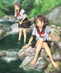  barefoot butterfly_net feet fishing_net hand_net legs lowres multiple_girls nature original river saimon school_uniform serafuku smile wading water 