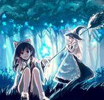  apron bad_id bad_pixiv_id blonde_hair bow broom brown_hair forest forest_of_magic hair_bow hakurei_reimu hat kirisame_marisa multiple_girls nature nd ribbon sitting smile standing touhou witch_hat 