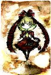  bow chibi dress frills front_ponytail full_body green_eyes green_hair hair_bow kagiyama_hina legs_apart looking_at_viewer puffy_short_sleeves puffy_sleeves red_bow red_dress ritsu_(roboroboro) shawl short_hair short_sleeves solo standing touhou 