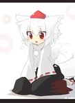  :3 albino animal_ears blush chibi ear_wiggle hat inubashiri_momiji oka_(bananashoe) open_mouth pom_pom_(clothes) red_eyes ribbon-trimmed_sleeves ribbon_trim simple_background solo tail tail_wagging tokin_hat touhou white_hair wide_sleeves wolf_ears wolf_tail 