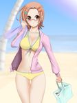  bag beach bikini brown_eyes brown_hair chemical-x day glasses hair_ornament hairclip jacket pani_poni_dash! short_hair solo swimsuit uehara_miyako 