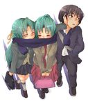  2girls akane_(roadside) blush closed_eyes green_hair half_updo higurashi_no_naku_koro_ni long_hair maebara_keiichi multiple_girls scarf shared_scarf siblings sisters smile sonozaki_mion sonozaki_shion twins 