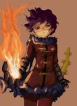  alchemist_(sekaiju) fire frown glasses gloves purple_hair sekaiju_no_meikyuu short_hair solo yanagihara_tantoui 