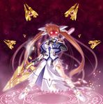  burn_mark casing_ejection fin_funnels fingerless_gloves gloves glowing glowing_eyes hair_ribbon injury jacket lyrical_nanoha magazine_(weapon) magic magic_circle magical_girl mahou_shoujo_lyrical_nanoha_strikers narutaki_shin open_clothes open_jacket panties raising_heart red_hair ribbon shell_casing solo takamachi_nanoha torn_clothes twintails underwear white_devil 