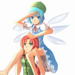  blue_eyes blue_hair braid carrying china_dress chinese_clothes cirno dress foro_(planet_cage) green_eyes hat hong_meiling long_hair multiple_girls red_hair ribbon short_hair shoulder_carry touhou wings 