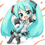  aqua_eyes aqua_hair armpits boots chibi detached_sleeves fang hatsune_miku headphones kojima_tsuma long_hair lowres miniskirt necktie outstretched_arms shadow simple_background skirt solo spread_arms standing thigh_boots thighhighs twintails vocaloid 