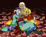  2boys apothecary bandana bandanna blonde_hair bodypaint bow caring dark_skin demon_form do-rag dual_persona elf elf_ears eyes_closed face_paint facepaint facial_mark hold holding japanese_clothes kimono kusuriuri kusuriuri_(dark) kusuriuri_(mononoke) long_hair makeup male male_focus mononoke multiple_boys obi pointy_ears protecting red_eyes romantic sash sleeping sword unconscious weapon white_hair 