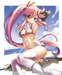  arm_up armpits beach bikini_top boots cloud day floating_hair gun hair_ornament hand_behind_head katahira_masashi long_hair navel outdoors ponytail short_shorts shorts sky smile solo tengen_toppa_gurren_lagann thighhighs very_long_hair weapon yoko_littner 