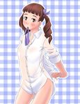  arms_behind_back blush bottomless cowboy_shot dress_shirt drill_hair maria-sama_ga_miteru matsudaira_touko mouth_hold naked_shirt no_pants ribbon ribbon_in_mouth see-through shirt sleeves_folded_up solo stretch toshifumi 